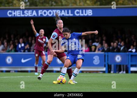 London, UK. 30th Oct, 2022. London, October 30th 2022: Sam Kerr (20 Chelsea) strikes for goal and the 3rd for Chelsea during the Barclays FA Womens Super League game between Chelsea and Aston Villa at Kingsmeadow, London, England. (Pedro Soares/SPP) Credit: SPP Sport Press Photo. /Alamy Live News Stock Photo