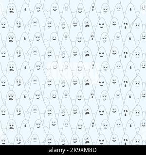 Ghosts. Spirit blue. Ghosts with different grimaces. Seamless vector pattern. Endless Halloween background. Doodle style. Blue linen suit. Stock Vector