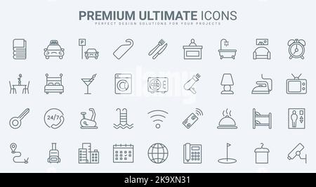 Hotel hospitality, reception thin line icons set vector illustration. Abstract outline breakfast food in restaurant and taxi transfer to airport, parking and facilities, bedroom furniture and room key Stock Vector