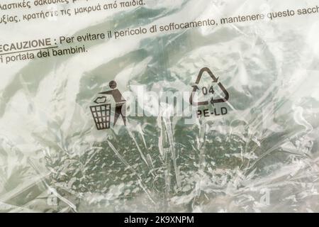 Recycling symbols - LDPE / PE-LD Mobius Loop, Tidyman - on a product box plastic covering. International recycling symbols, recycling symbol. Stock Photo