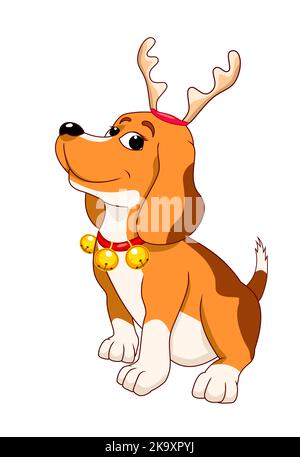 Cartoon dog sits decorated with reindeer antlers and bells. The dog is like a reindeer. Dog with Christmas decorations on a white background. Stock Vector