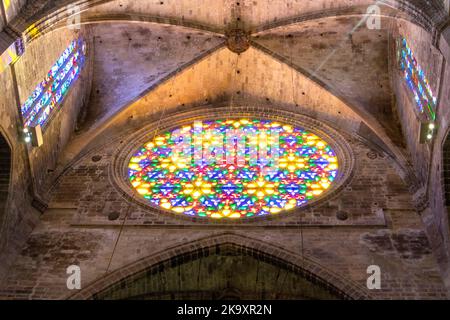abstract circular stained glass window in le seu cathedral Palma Mallorca Balaerics Spain