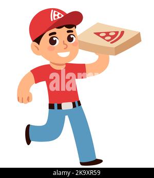 Cute cartoon pizza delivery boy holding pizza box with logo. Simple vector character illustration. Stock Vector
