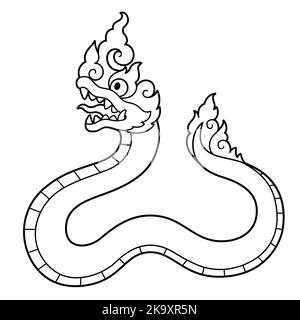 Thai Naga, legendary dragon serpent. Cartoon style black and white line art drawing. Vector clip art illustration. Stock Vector