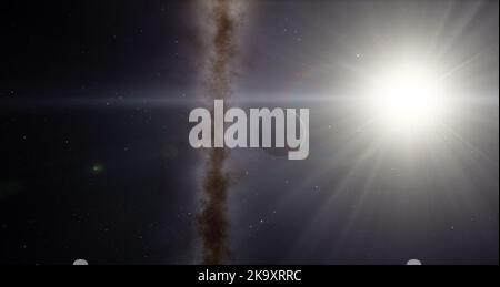 Mars and the sun in space, sunrise on Mars. Sun rays and a planet 3d illustration background, the Universe Stock Photo