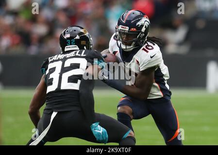 Jacksonville Jaguars cornerback Darious Williams (31) in coverage during an  NFL football game against the Denver Broncos at Wembley Stadium in London,  Sunday, Oct. 30, 2022. The Denver Broncos defeated the Jacksonville