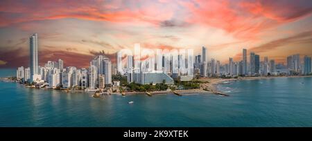 The modern skyscrapers in the Cartagena Colombia Bocagrande district panorama aerial epic sky view Stock Photo