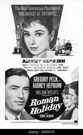 Advert Block for 1962 re-release of GREGORY PECK AUDREY HEPBURN and EDDIE ALBERT in ROMAN HOLIDAY 1953 director / producer WILLIAM WYLER story Dalton Trumbo and Ian McLellan Hunter screenplay Dalton Trumbo Ian McLellan Hunter and John Dighton Paramount Pictures Stock Photo