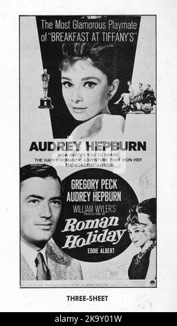 Image of Poster for 1962 re-release of GREGORY PECK AUDREY HEPBURN and EDDIE ALBERT in ROMAN HOLIDAY 1953 director / producer WILLIAM WYLER story Dalton Trumbo and Ian McLellan Hunter screenplay Dalton Trumbo Ian McLellan Hunter and John Dighton Paramount Pictures Stock Photo