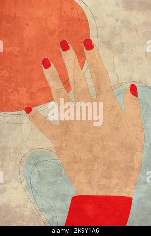 Human hand with caucasian skin and square nails covered with red polish over decorative geometric shapes textured illustration. Stock Photo