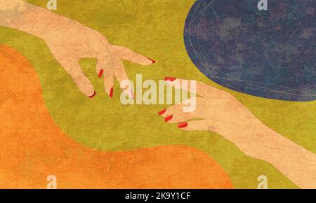 Human hand with caucasian skin and square nails covered with red polish over decorative geometric shapes textured illustration. Stock Photo