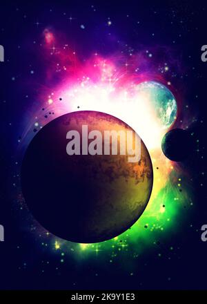 Abstract colorful nebula clouds and planets in the starry space ...