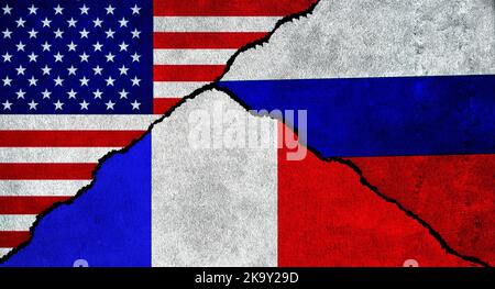 USA, Russia and France flag together on a textured wall. Relations between Russia, France and United States of America Stock Photo