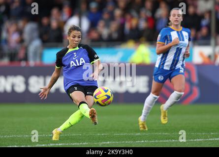 Crawley, UK. 30th Oct, 2022. Tottenham's Celin Bizet Ildhusoy shoots at goal during the FA Women's Super League match between Brighton & Hove Albion and Tottenham Hotspur at the Broadfield Stadium in Crawley. Credit: James Boardman/Alamy Live News Stock Photo