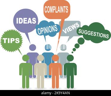 Symbols of people with speech bubbles and texts like: tips, ideas, complaints, opinions, views, suggestions Stock Vector