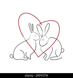 Hand drawn one line rabbits with red heart. One line drawing rabbit isolated. Love concept Stock Vector