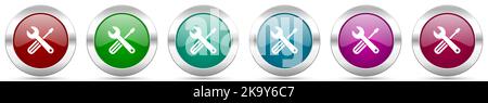 Tools silver metallic vector icon set, round glossy buttons with chrome border for web design Stock Vector