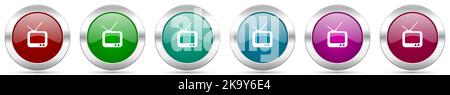 Tv silver metallic vector icon set, round glossy buttons with chrome border for web design Stock Vector
