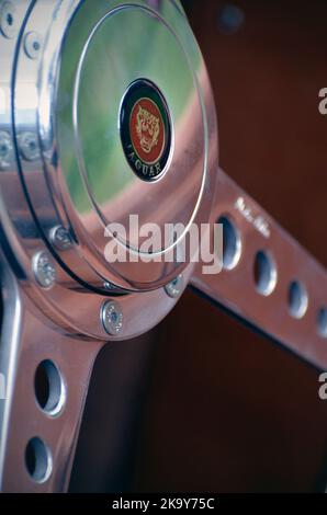 vintage jaguar sports car steering wheel boss and spokes Stock Photo