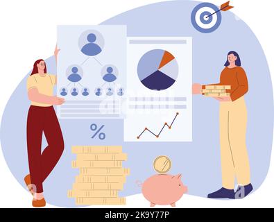 Financial pyramid, dangerous investments and wealth promises. Digital marketing, modern young female coaching of invest. Business vector characters Stock Vector