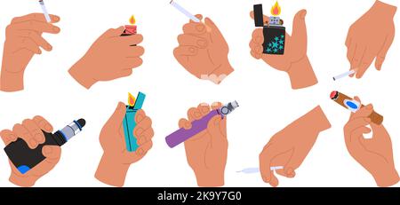 Male hands hold cigarettes and lighters, vapes. E-cigarettes, burning lighter with fire flame in human hand. Cigar, smoking people decent vector set Stock Vector