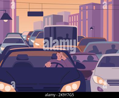 Tired man driving city traffic jam at evening. After work day, sleepy driver in car on road. Fatigue male in auto, urban environment problems kicky Stock Vector
