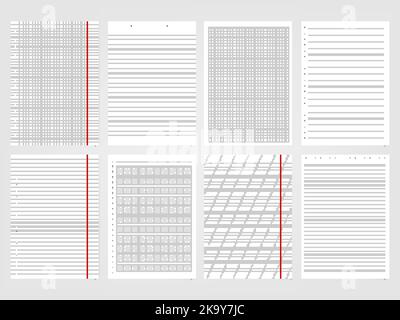Realistic paper ruled, lined sheets. School pages copybook, isolated blank page with grid. Notebook mockup collection, pithy vector memo elements Stock Vector