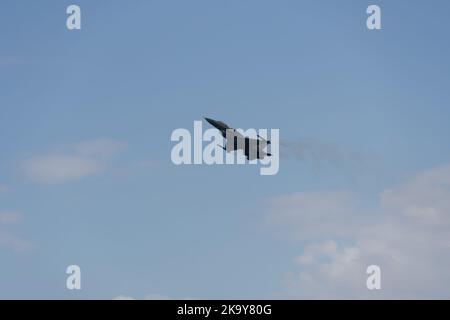 F-16C Block 52 plus fighter demonstrating flight air show. HAF Hellenic Air Force Jet of team Zeus above Thessaloniki, Greece during 28 October parade Stock Photo