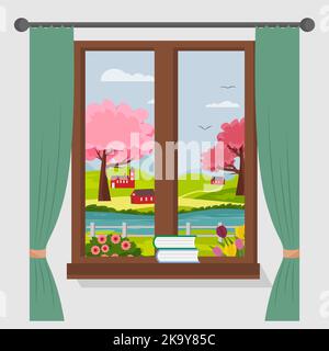 Rural landscape in spring. View from the window to the village house and the river, trees, flowers and hills. Vector illustration for posters and prin Stock Vector
