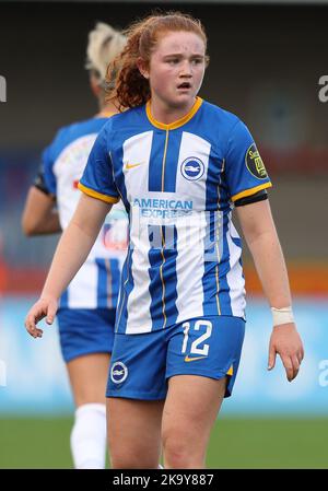 Crawley, UK. 30th Oct, 2022. Brighton's Libby Bance during the FA Women's Super League match between Brighton & Hove Albion and Tottenham Hotspur at the Broadfield Stadium in Crawley. 25th March 2022 Credit: James Boardman/Alamy Live News Stock Photo