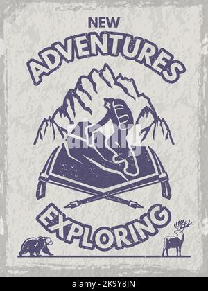 Adventure placard. mountain hiking and exploring. Vector poster with place for text Stock Vector