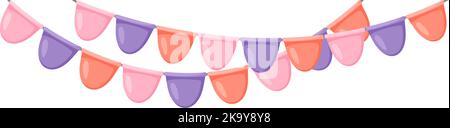 Celebration flag garland bunting. Pink, violet, orange pennants chain. Party flags decoration for wedding, birthday, baby shower, bridal shower Stock Vector