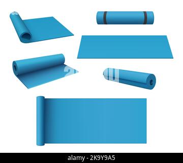 Yoga mat. Soft material rug for relaxing camp outdoor or sport exercises in gym decent vector realistic colored illustrations Stock Vector