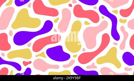 Liquid forms seamless background. Fluid elements repeating wallpaper. Organic blobs backdrop in yellow, purple and red. Modern texture Stock Vector