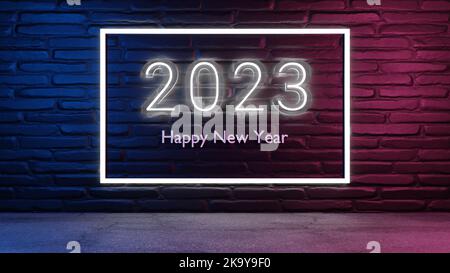 2023 new year background in 3d render street wall, glowing 2023 in club light on wall, backdrop for new year eve in 3d illustration, best use for adve Stock Photo