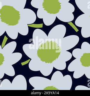 Seamless simple cute pattern of large blue flowers on navy background.Endless floral ornament with beautiful blossoms.Colourful backdrop Stock Vector