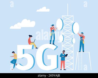 People using 5g internet connection. Wifi waves, secure web connect in public. Business network and service man connect antenna. Recent telecom vector Stock Vector