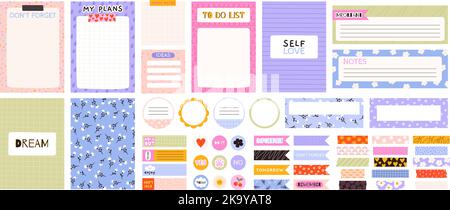 Diary elements, pages and funny stickers collection. Children organize cards, notebook covers and washi tapes. Sticky pads for name, racy personal Stock Vector