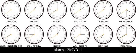 World clocks icons. London tokyo time on watch, international clock design. Different hours wall watches faces, global business graphic racy vector Stock Vector