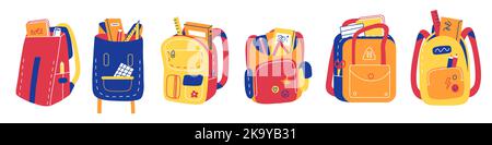 Color backpacks with school elements. Bright students stationery, children materials, textbooks, notebooks and rulers, pupils rucksacks with Stock Vector