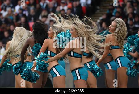 London, UK. 30th Oct, 2022. Jacksonville Jaguars cheerleaders in the NFL International Series game at Wembley in London on Sunday, October 30, 2022. Broncos won the match 21-17. Photo by Hugo Philpott/UPI Credit: UPI/Alamy Live News Stock Photo