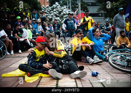 Colombian fans gather and react across Bogota, Colombia to watch the final between Colombia and Spain for the U-17 Women's World Cup, on October 30, 2022. Colombia lost the match due to an own goal. Photo by: Chepa Beltran/Long VIsual Press Stock Photo