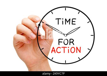 Hand drawing a clock with motivational message Time for Action written on it. Stock Photo
