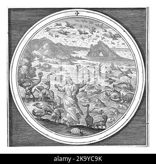 Fifth Day of Creation: God Creates Fish and Birds, Nicolaes de Bruyn, after Maerten de Vos, 1581 - 1656 Fifth Day of Creation: God creates fish and bi Stock Photo