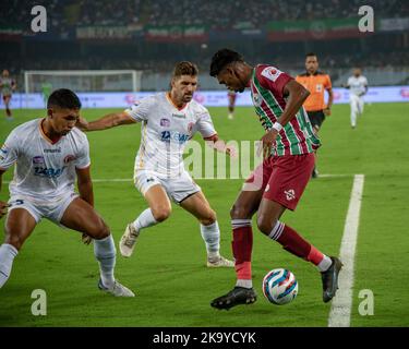 Kolkata, India. 29th Oct, 2022. ATKMB (Mohunbagan football club) and EBFC (East Bengal football club) the two arch rival super giants of Indian football meet in ISL 2022-23 at salt lake stadium, Kolkata (VYBK. Popularly known as Calcutta Derby; ATKMB wins it in style with 2-0 margin. The scorers are Hugo Boumous and Manbir Singh in the 2nd Half of the match. Different moments of the football match. (Photo by Amlan Biswas/Pacific Press) Credit: Pacific Press Media Production Corp./Alamy Live News Stock Photo