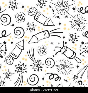 Doodle firework wrapping. Drawing fireworks seamless pattern, festival sparkler confetti explosion spark firecracker kids scrawl hand sketch background, neat vector illustration of doodle celebration Stock Vector