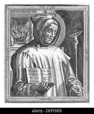 Saint Bruno of Cologne, founder of the Carthusian order, holding a crucifix and an open book. Stock Photo