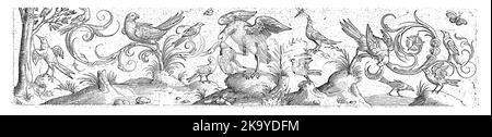 At the left end of the frieze is a tree. In the middle, a large bird ...