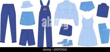 Cartoon denim clothes. Folded jeans clothing pants dresses overalls or skirt, jean fabric summer basic outfit trendy casual jeanes garment and gumshoes garish vector illustration of denim casual Stock Vector