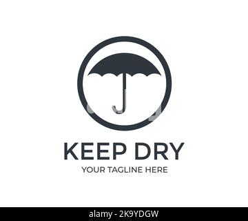 Keep dry packaging symbol logo design. Package parcel logistics and delivery shipping, umbrella and rain drops sign vector design and illustration. Stock Vector